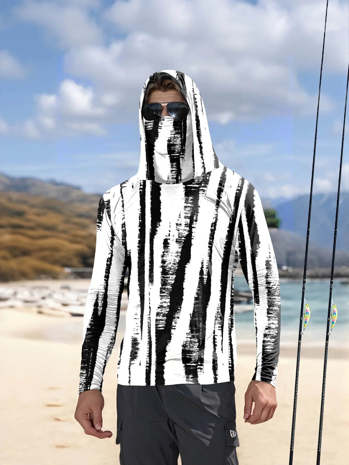 Men Black‑White Stripe Fishing Hoodie With Face Mask UPF50+ Quick Dry Sun Protection Long Sleeve Outdoor Fishing Tops