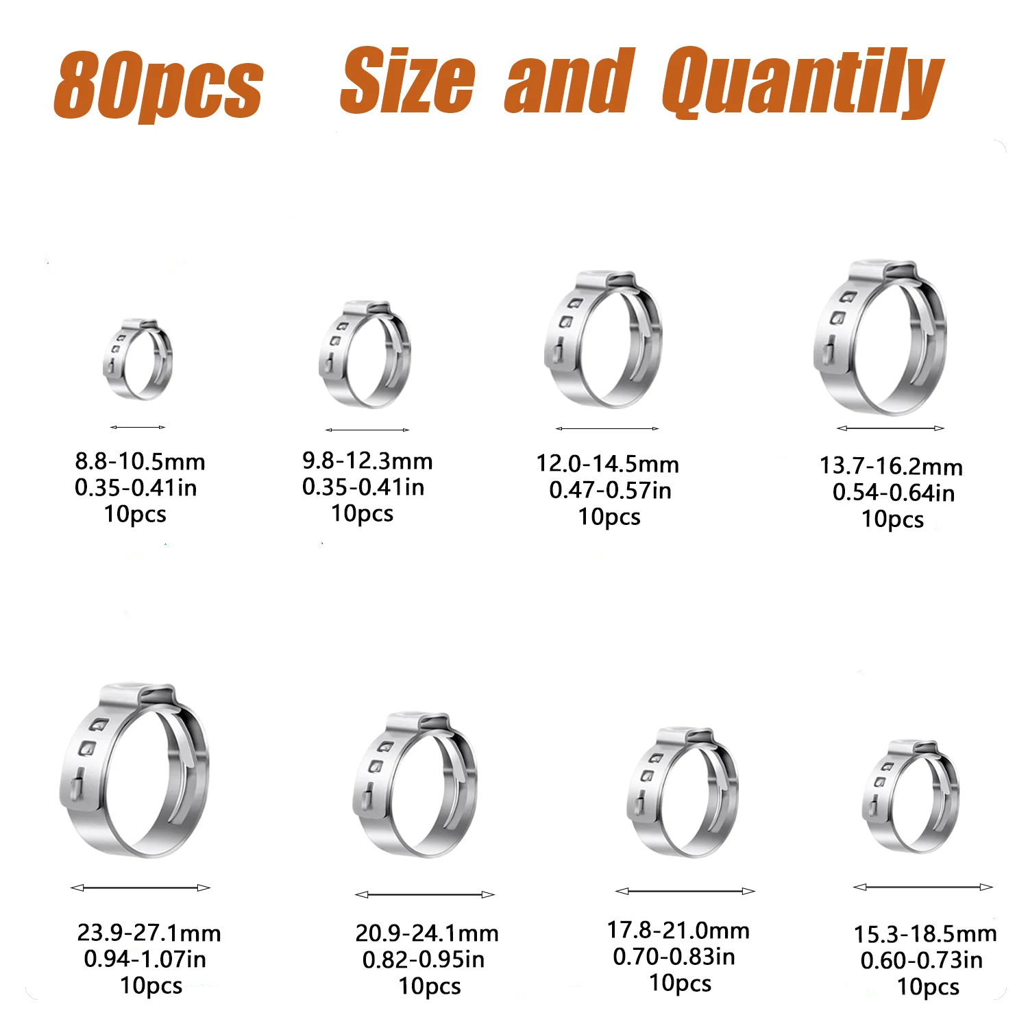 80pcs Hose Clamps 8.8-27.1mm Single Ear Stepless 304 Stainless Steel Hose Clamps Cinch Clamp Rings for Sealing Kinds