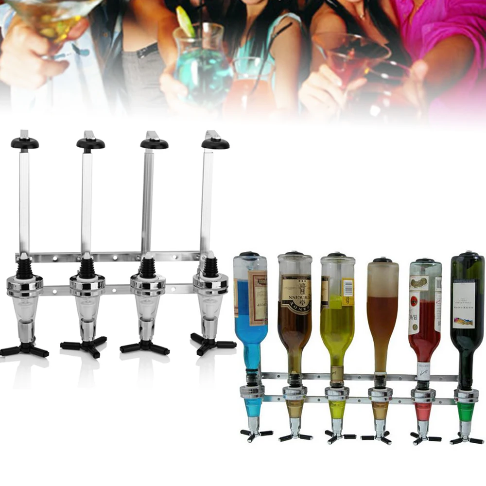 

4-Bottle Liquor Dispenser, Compact Design with Transparent Measuring Cups and Spring Telescoping Handle for Mixing Drinks