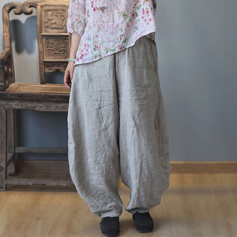 

100% Linen Women Casual Harem Pants New Arrival 2025 Spring Vintage Style Solid Color Loose Comfortable Female Trousers M1226