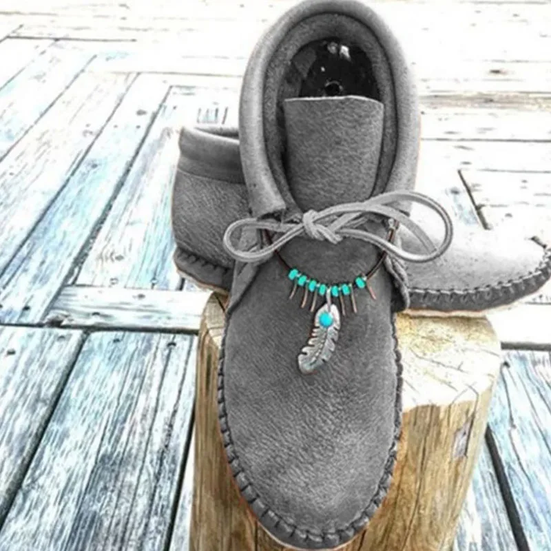 Damen Casual Flache Stiefeletten Western Türkis Feder-Dekoration Schnürung Kurze Herbst Winter Frühling Pendler-Schuhe Neu 2026 – Detail 2