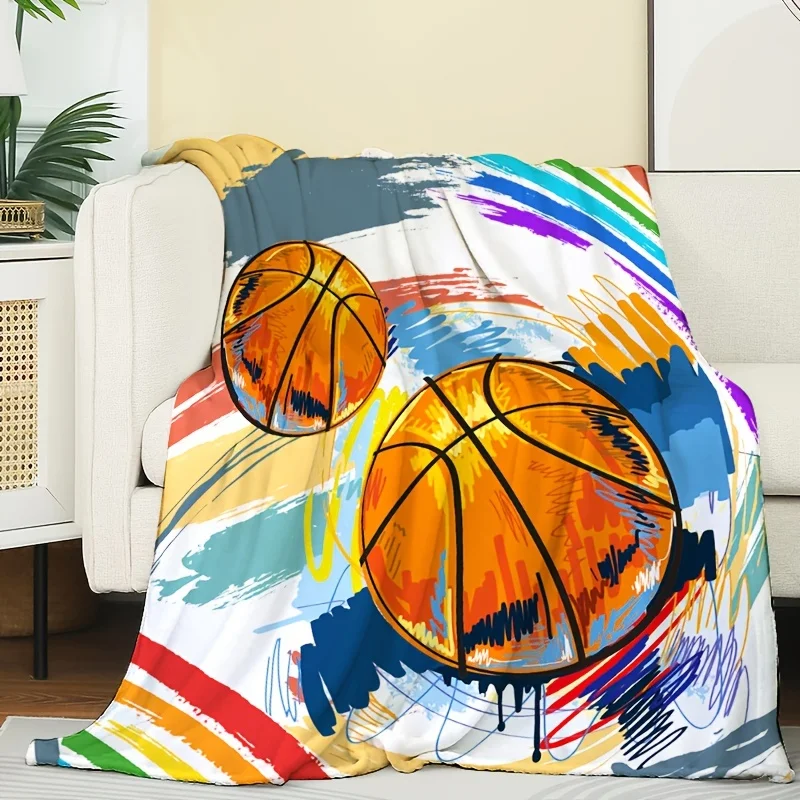 1pc Flannel Throw Blanket, Creative Basketball Pattern Printed Blanket, Warm Cozy Soft Blanket For Couch Bed Sofa Car Office Cam