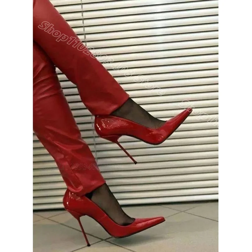 

Red Leather Stiletto Sexy Pumps Pointed Toe Slip on Shallow Solid Fashion British Style Spring Women Shoes Zapatos Para Mujere