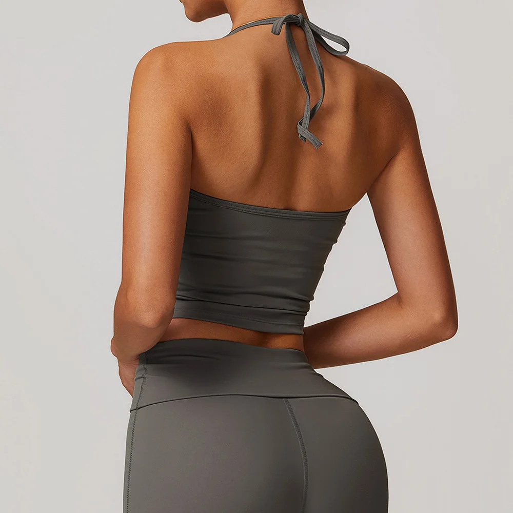 女性用フィットネスヨガブラ、レースバックスポーツブラ、ナイロントップ、セクシーなホルターネック、通気性のある下着、ジム、ランニング用