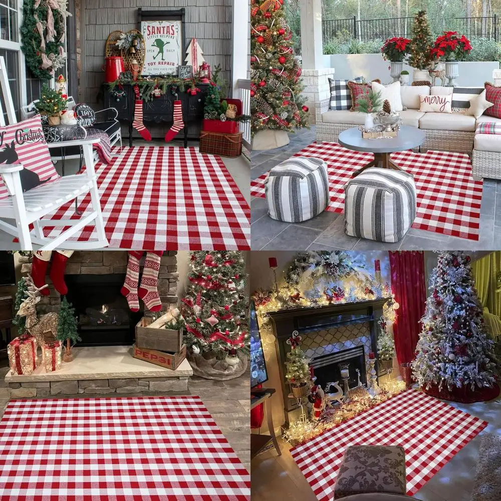 

Cotton Woven Red & White Plaid Rug, 4'x6', for Christmas Outdoor Door Mat, Washable & Layered for Farmhouse Style