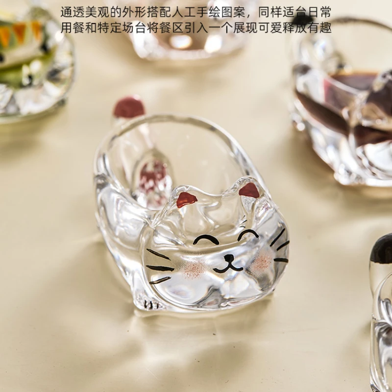 Cat Crystal Glass Seasoning Dipping Plate Creative Tomato Sauce Vinegar Plate Household Snack Plate Chopstick Holder