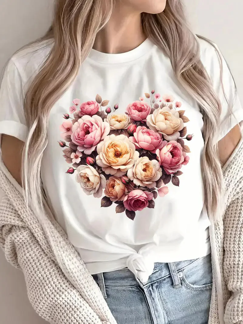Cotton 100% European and American Plant Flower Heart-shaped Printed Round-neck Short-sleeved T-shirt for Women's Wear Summer