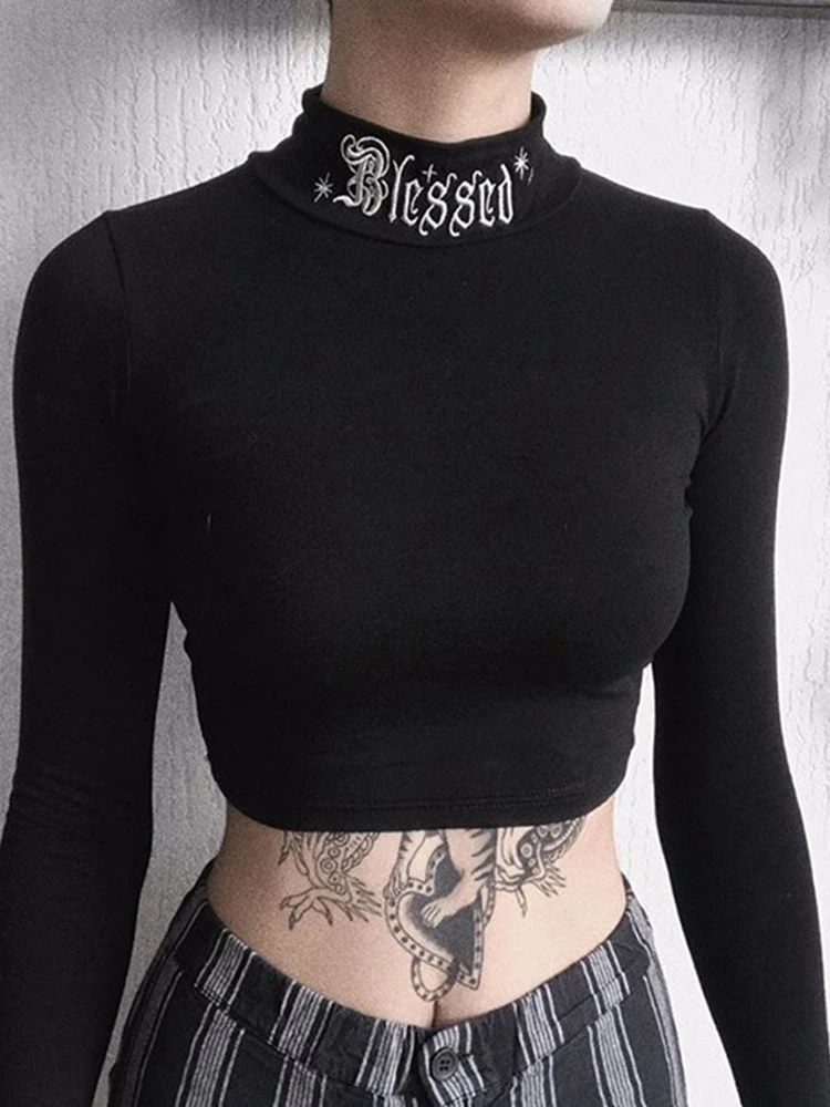 

Women Black Bodycon Long Sleeve Crop Tops Gothic Harajuku Letter Embroidery Vintage Solid Tops Female Casual Basic Tops