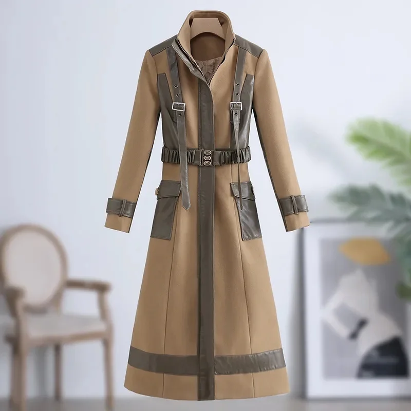 Winter Female New Medium Long Waist Slim Button Jacket 2023 Heavy Industry British Style Handsome Stitching PU Fur Coat Women