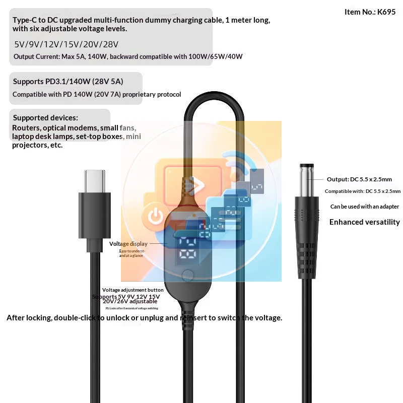 140W USB C to DC Adjustable Voltage Cable, 5V 9V 12V 15V 20V 28V PD Trigger Power Cord for Laptop Router DC Devices