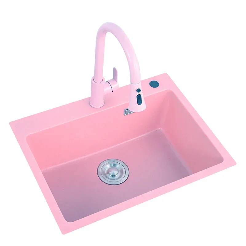 Postmodern Pink Quartz Stone Sink Kitchen Wash Vegetables Basin Large Single Slot Granite Wash Dishes Household Built-in