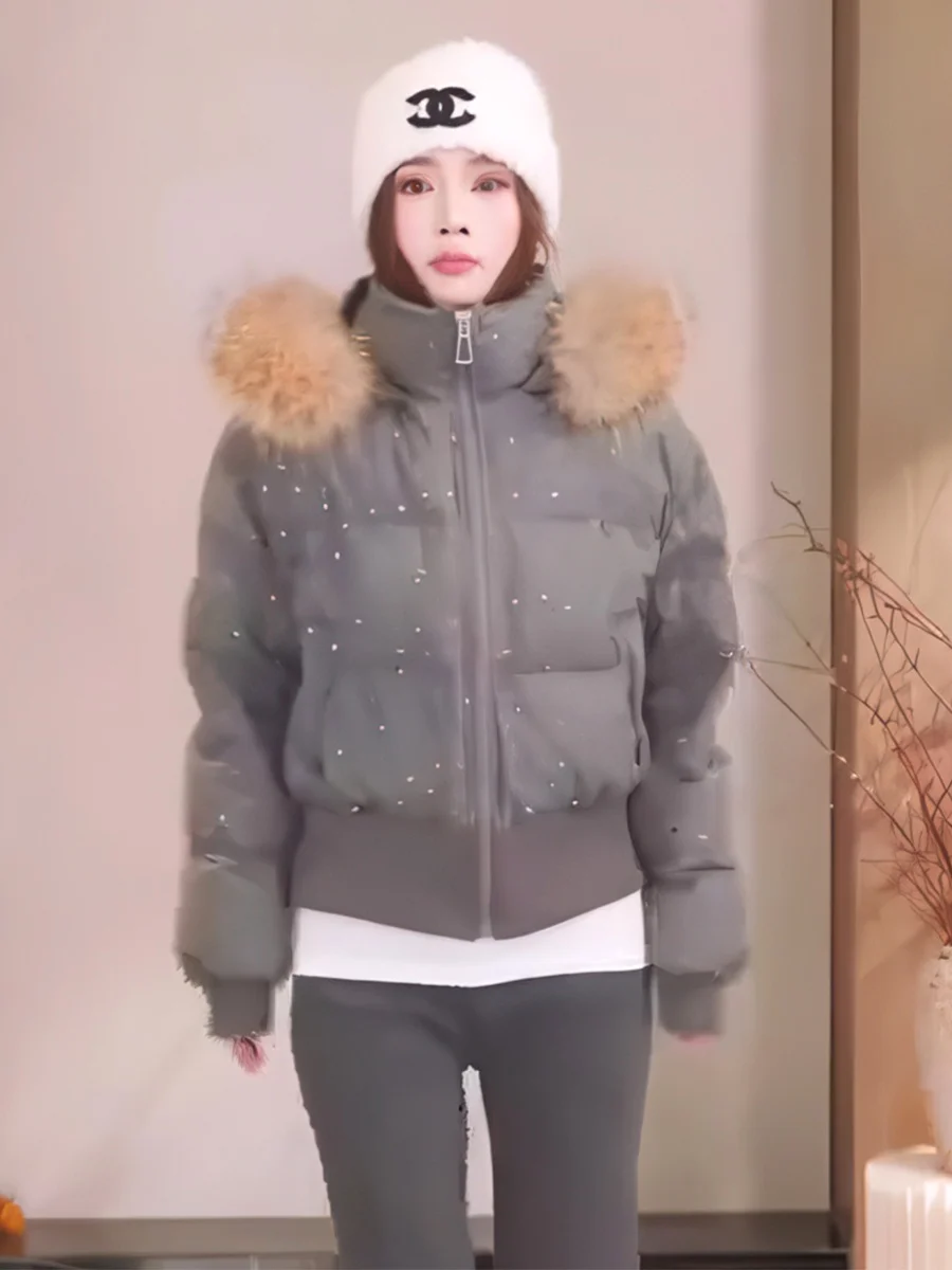 Cappotto Imbottito da Donna con Cappuccio, Giacca Calda Trapuntata con Grande Collo in Pelliccia, Capospalla