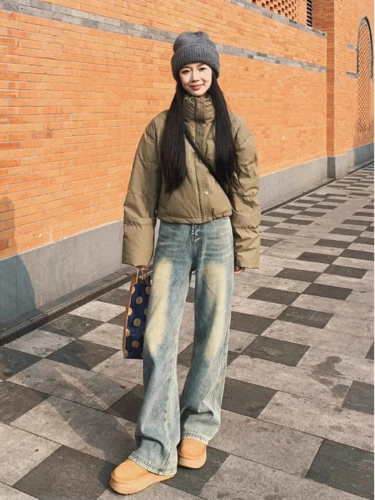 

Американские широкие джинсы с высокой талией на подкладке, женские осенне-зимние свободные узкие прямые брюки длиной до пола