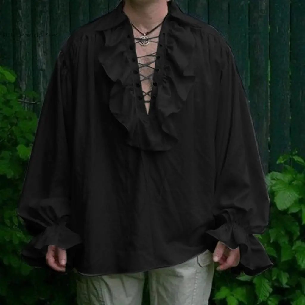 Spring and Autumn Casual Loose Retro Pure Color Shirt with Collar Fold and Puffy Sleeves Tops for Men