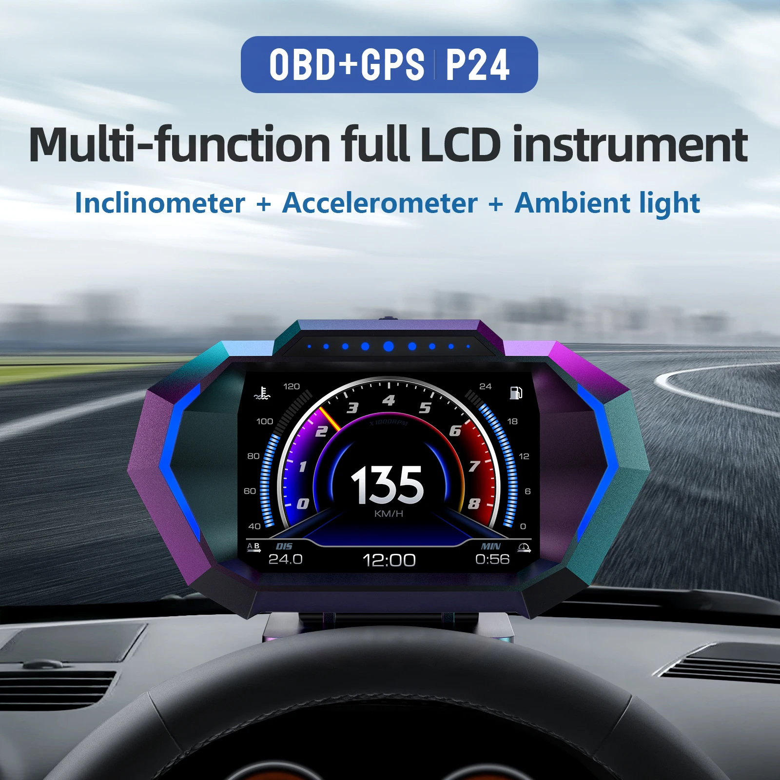 P24 OBD + GPS Doppio Sistema Auto HUD Head-up Display Misuratore di Velocità Temperatura dell\'Acqua Consumo di Carburante Misuratore di Pendenza