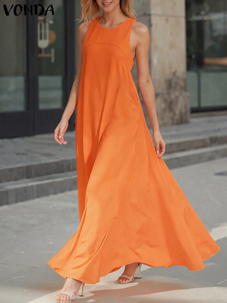 Vonda plus size vestido feminino sólido longo vestido de verão 2025 sexy sem mangas casual babados tanque robe festa maxi vestidos
