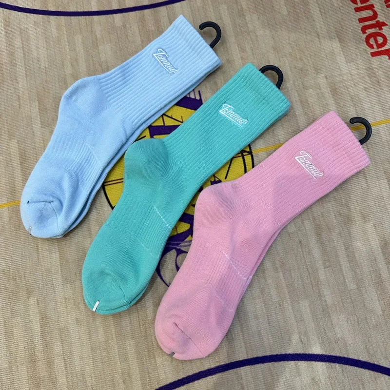 1 pair of women's outdoor basketball, running, badminton, tennis socks, white, blue, pink, thick sole socks