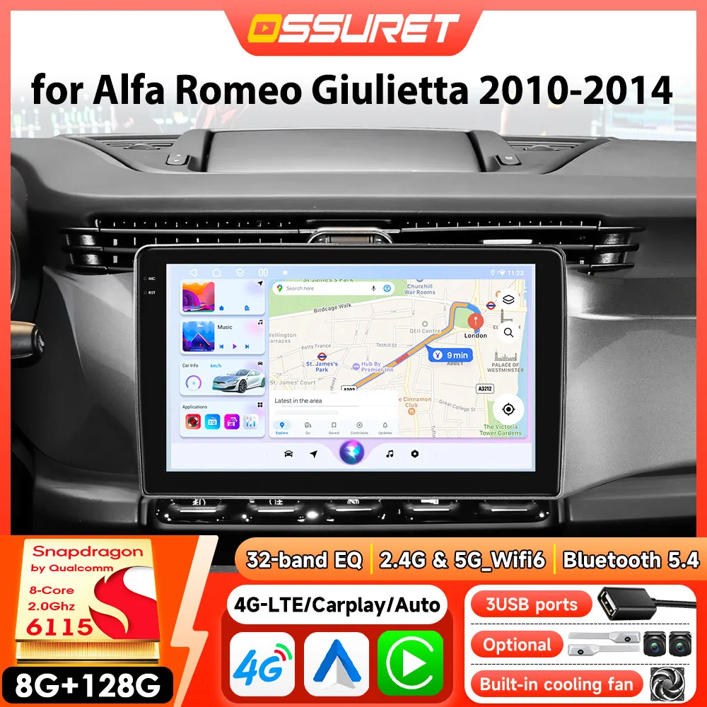 OSSURET Android lecteur multimédia de voiture stéréo pour Alfa Romeo Giulietta 2010-2014 Android Auto sans fil Carplay DSP 6115 GPS Navi