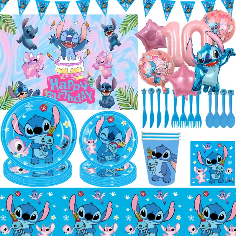 Disney Stitch Birthday Party Decorations New Blue Lilo&Stitch Paper Cup Napkin Plate Balloons Backdrop Baby Shower Gift Bag Kids