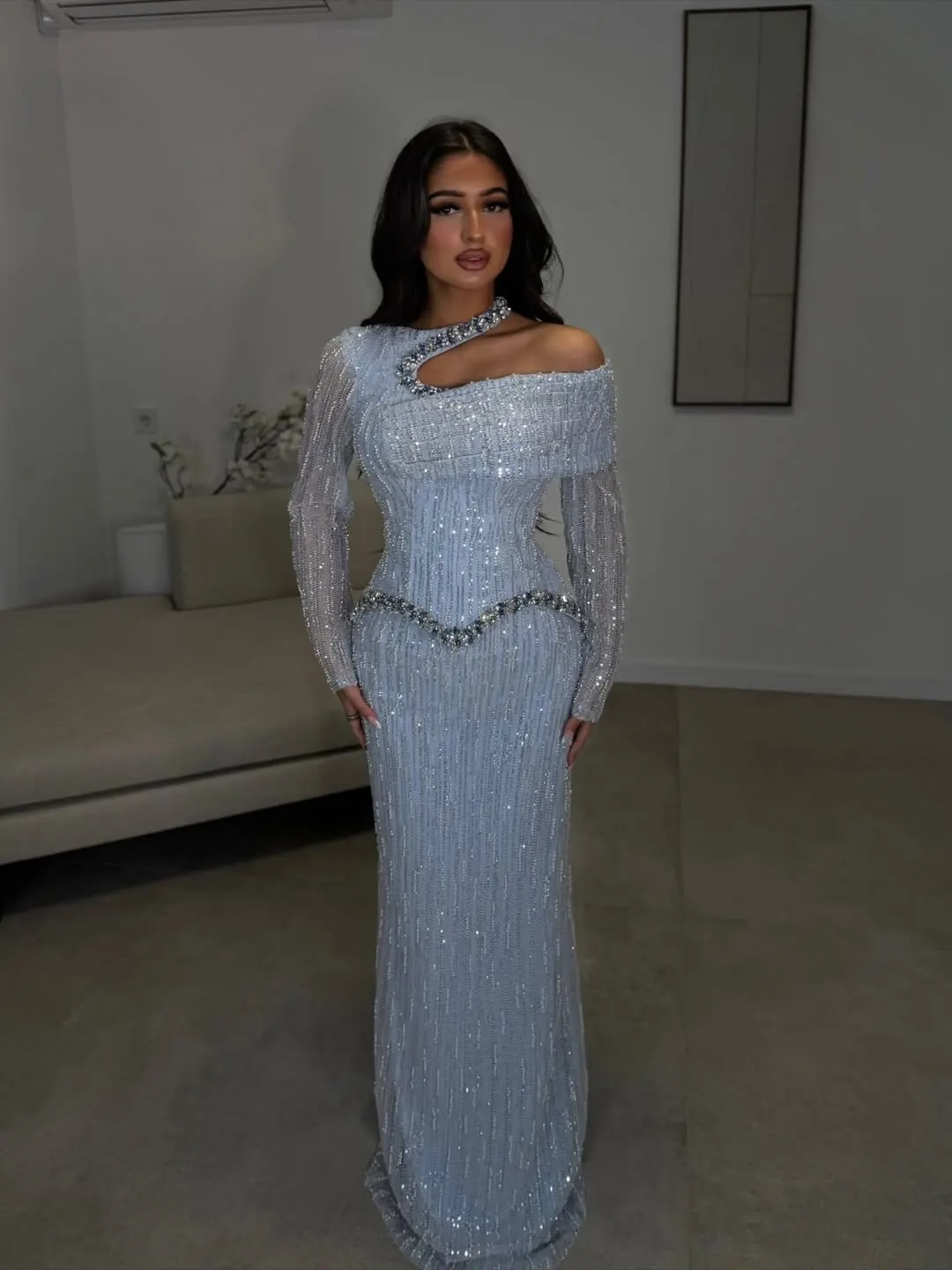 Customized Sparkling Evening Dresses Blue Off the Shoulder Full of Beads Crystal Pearls Exquisite Party Dresses Saudi Arabic