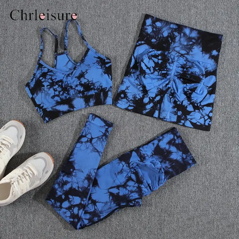 CHRLEISURE 1/2/3Pcs Tie Dye Pants Sets Women Seamless Outfits Tracksuit Summer Female Short Sets Woman Gym Tank Top