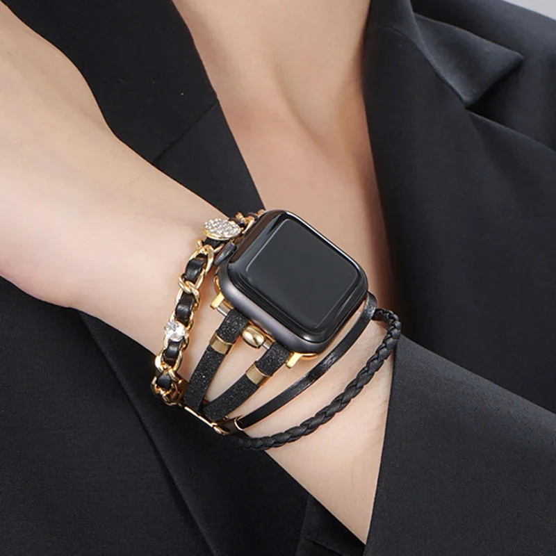 Correa de joyería para Apple Watch Band 44mm 40 45 41 46 42 49 38mm pulsera de cuero para mujer iWatch Series Ultra 10 9 8 7 6 5 4 SE cinturón