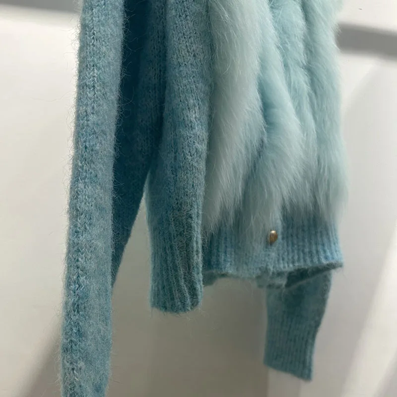 Women Autumn Knitted Long Sleeve Real Fox Fur Coat Female Fashion O-neck Cardigan Sweater With Real Fox Fur Stripe