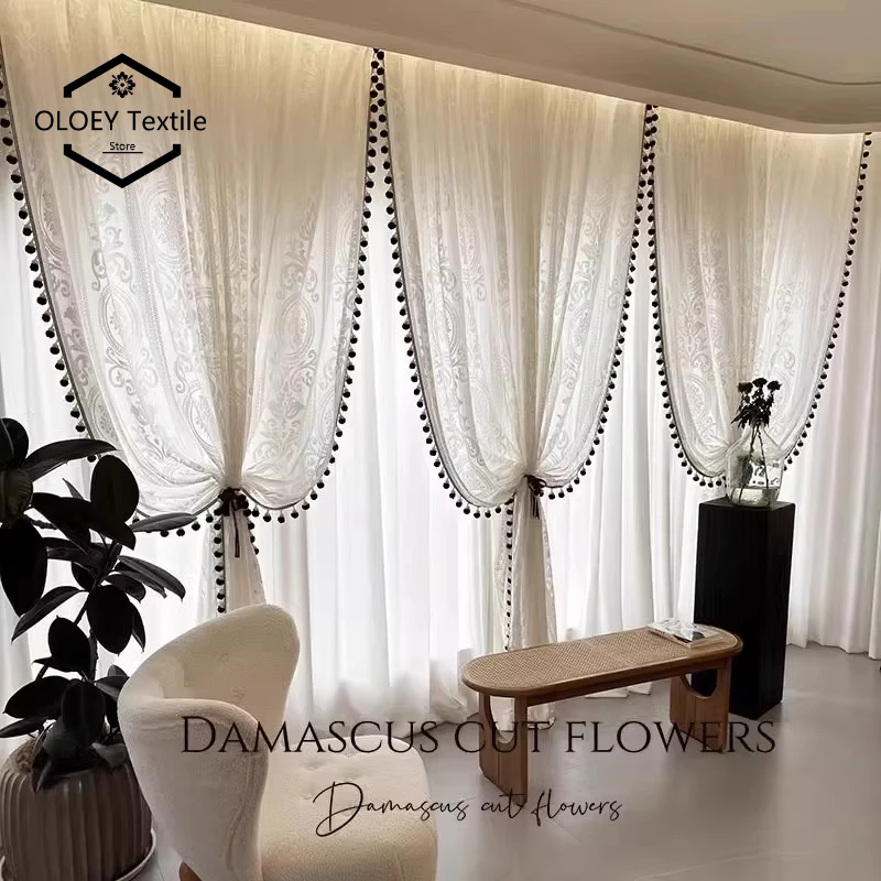 

French Retro Style Balcony White Lace Relief Living Room Vintage Dining Room Partition European Window Sheer High-end Custom