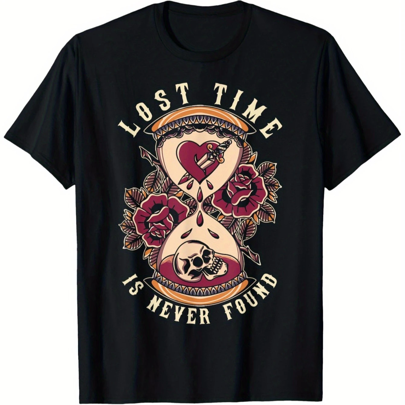 

Lost Time, Traditional, Old School Hourglass Tattoo Design T-Shirt 100% Cotton O-Neck Short Sleeve Summer Casual Mens T-shirt