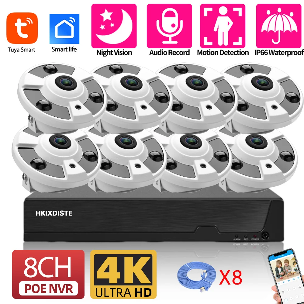 8MP 8CH POE NVR Kit Tuya 360 Panoramic Security Camera System 4K HD Human Detection CCTV IP Camera Video Surveillance Set 4CH