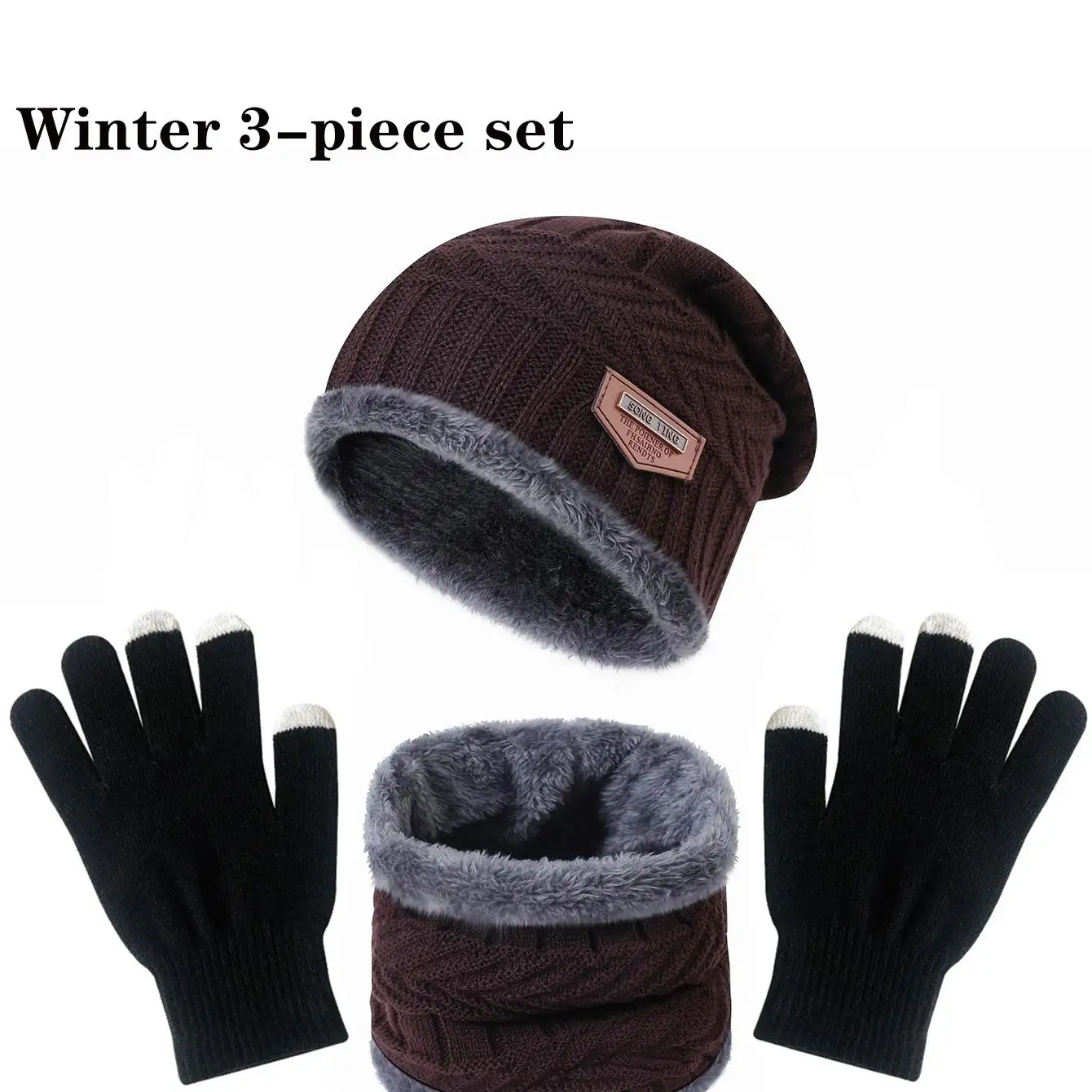 2pcs+1 pair Winter Warm Velvet Hat Scarf Gloves Set Winter Hats Knit Cap Men And Women Velvet Hat Coral Fleece Scarf Outdoor Rid