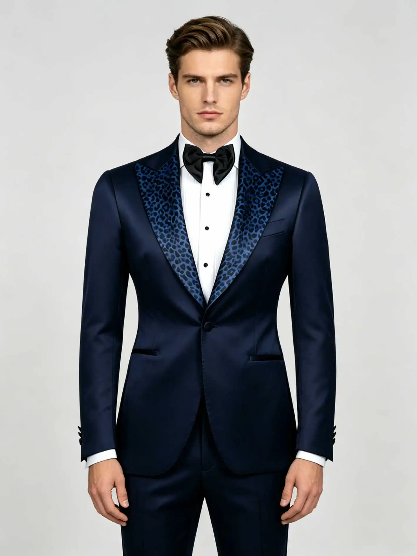 Sophisticated Navy Blue & Leopard Print Lapel Men's 2-Piece Blazer Set Formal Tuxedo Suit for Luxury Gala Events Customized