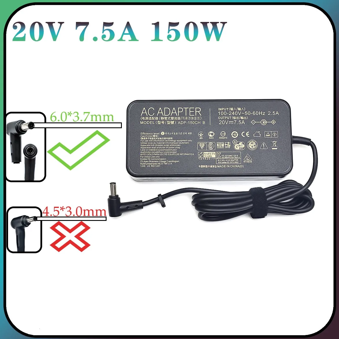 20V 7.5A 150W 6.0*3.7mm Charger AC Notebook laptop adapter For ASUS Rog FX95D VX60G TUF Gaming A15 FX506lu FX705G FX86FE T9750