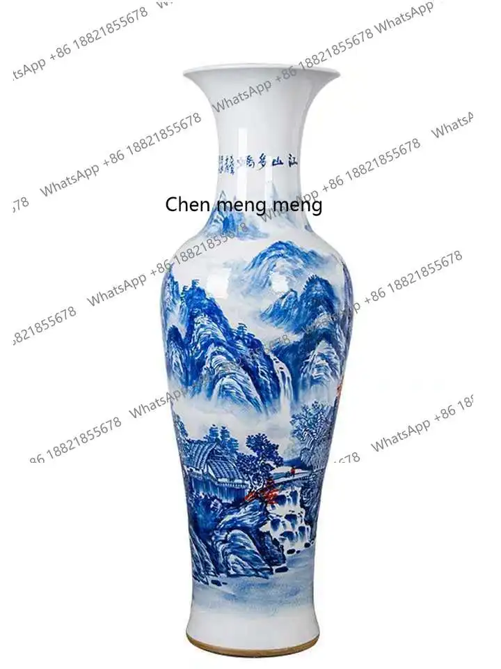 

Jingdezhen ceramic hand-painted blue and white porcelain river 1.4 landscape landing large vase home furnishing hotel ornament