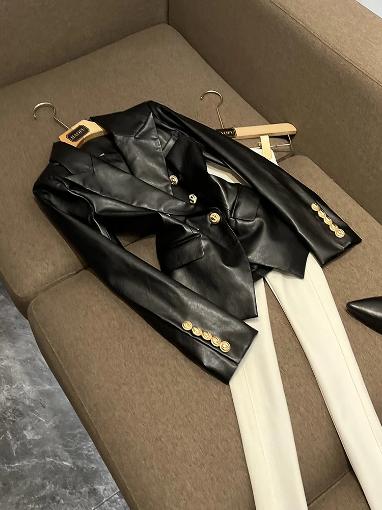 

High-Quali PU Leather Slim Fit Suit Jaet with Metal Bule ket Ele Sle Women's Commute Wear Long Sve Coat