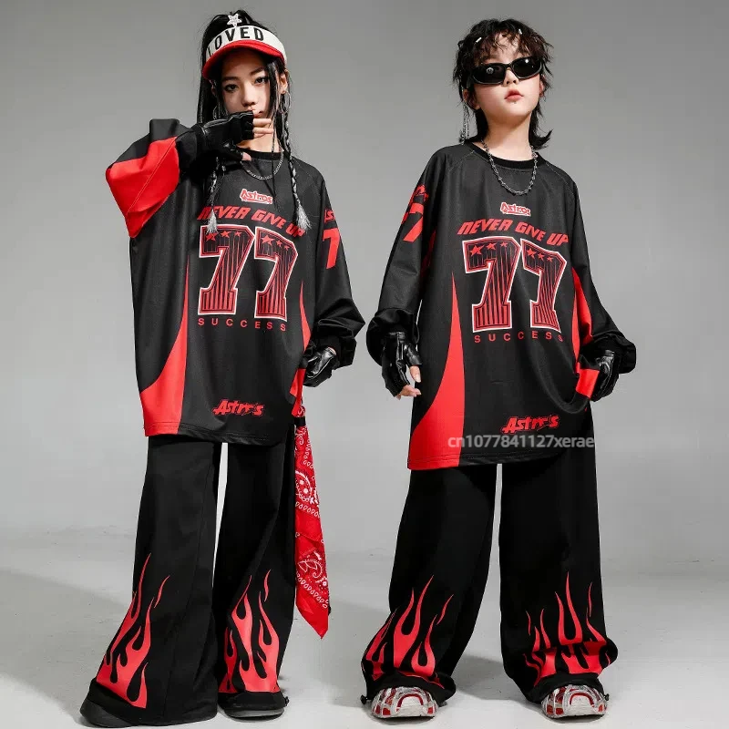 

Children's Street Dance Costume, Black and Red Flame 77 Set, Hip-hop Fashion Brand Boys' and Girls' Stage Performance Costumes