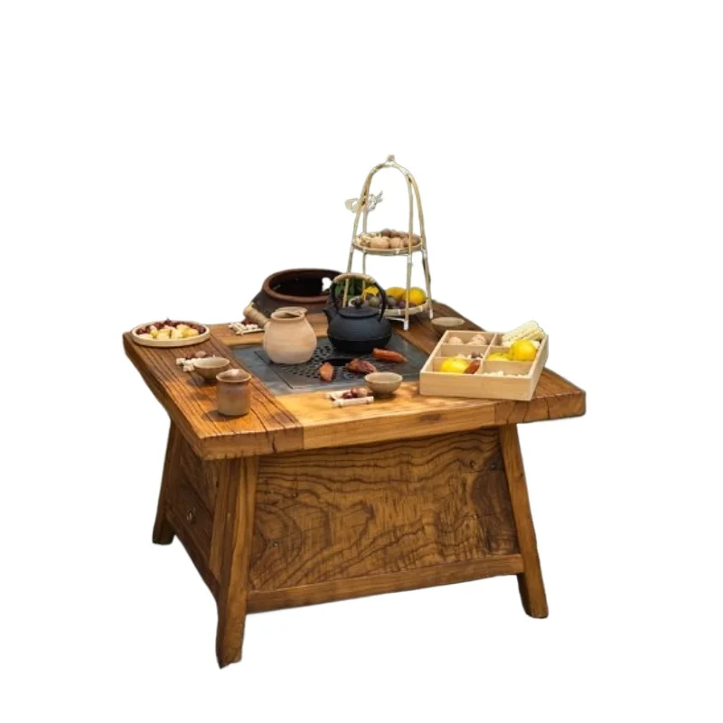 Old elm stove table, balcony tea  square, outdoor picnic stove tea , log coffee , solid wood square