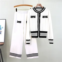 Korean Fashion Casual Knit Two Piece Set Women Sweater Cardigan Wide Leg Pant Suits Tracksuit 2 Piece Sets New Autumn