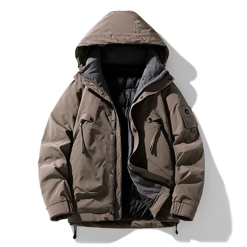 Trend High Quality Hooded Hiking Down Coats for Men Solid Color Windproof Warm Outerwear Winter Casual Male Clothes Fashion New