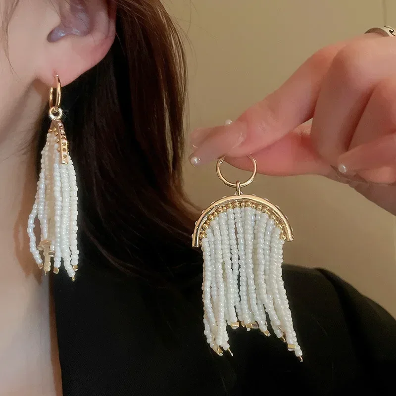 

Minar Statement Acrylic Beads Miyuki Long Tassel Earring for Women Gold Plated Metal Geometric Dangle Earrings Casual Jewelry