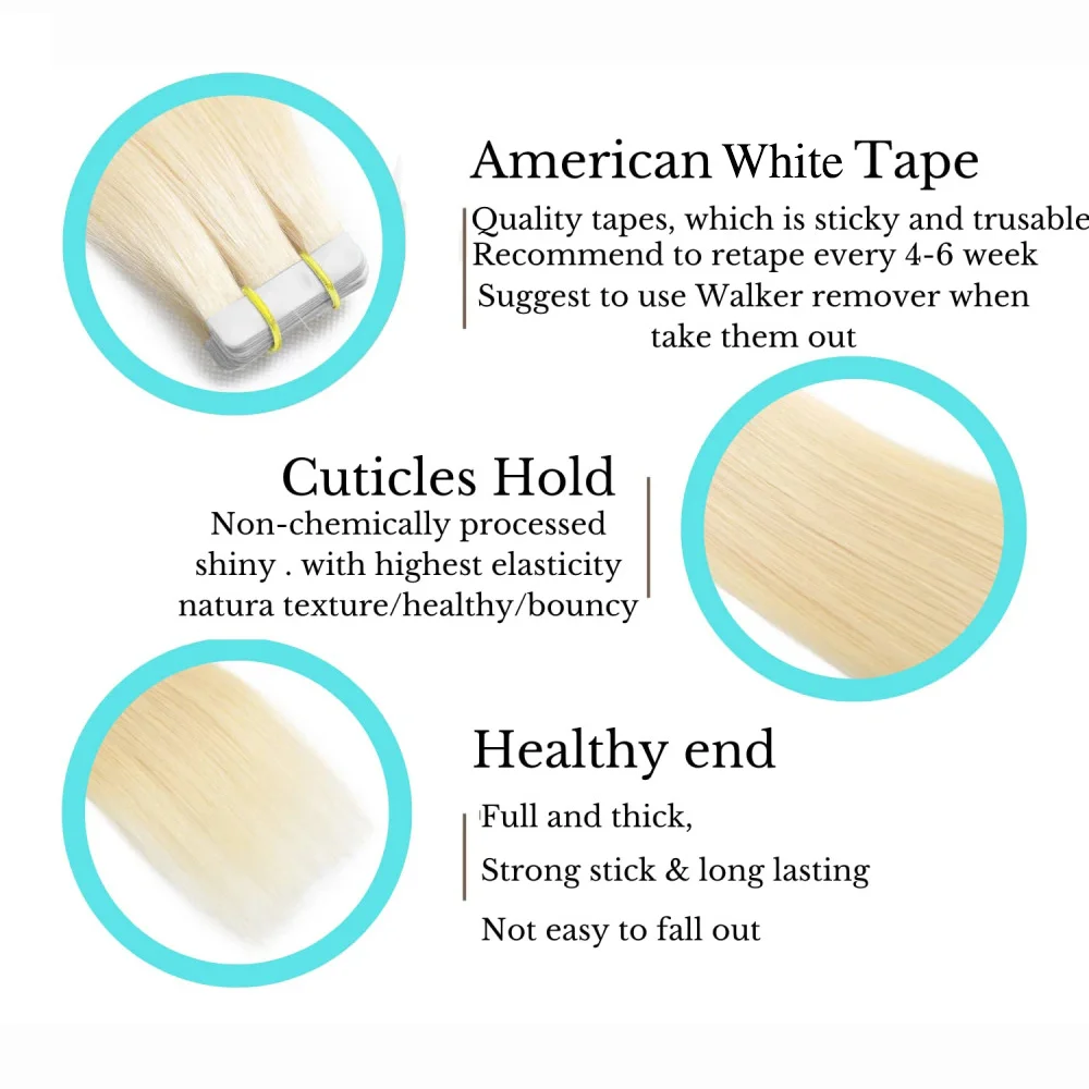 Tape In Human Hair Extensions Blonde #613 Seamless Straight Brazilian Remy 100% Human Hair Extensions 16-26 Inches For Woman 50G