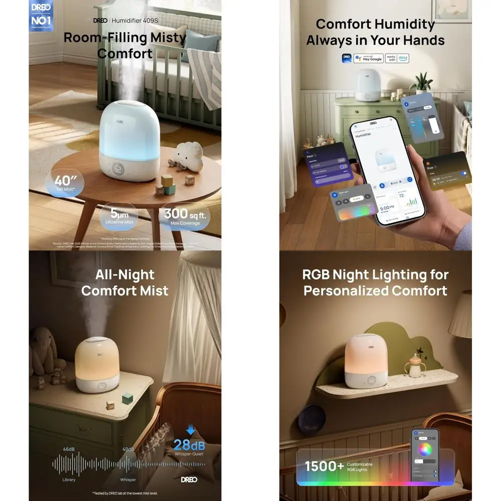 

Увлажнитель воздуха с верхним наполнением и функцией прохладного тумана, до 30 часов работы, RGB-подсветка, тренажер для сна, ультратихий, для спален и детских комнат