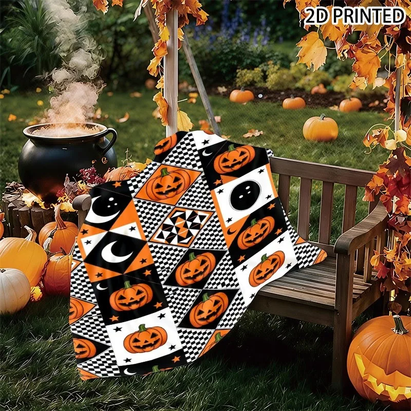 Playful Spooky Halloween Print Throw Blanket, Repeating Pattern with Jack-O'-Lantern Pumpkins, Checkered Squares, Crescent Moons