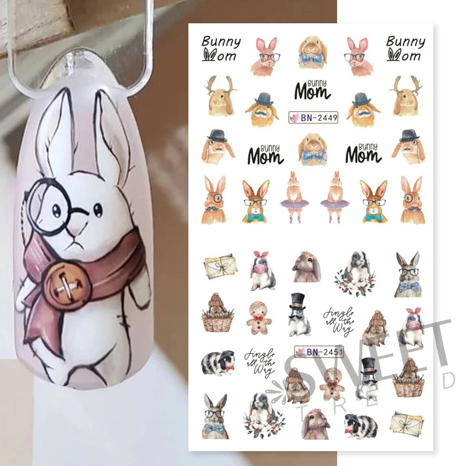 Saggezza Bunny Cursori per acqua per unghie Acquerello Cartoon Design Fiore Foglia Primavera Decalcomanie Foil Accessori fai da te Adesivo filigrana