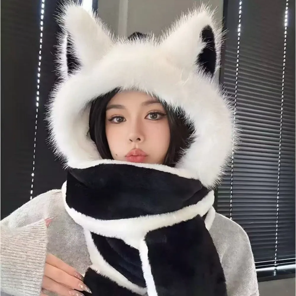 かわいい 3-in-1 キツネ耳帽子 スカーフ 手袋 防風耳保護 フード付きスカーフ 保温 ふわふわ 冬用スカーフ アウトドア