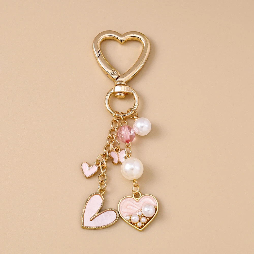 Aihua Pretty Pink Love Heart llavero perla mariposa corazón llavero colgantes para mujeres niñas bolso decoración DIY joyería regalo