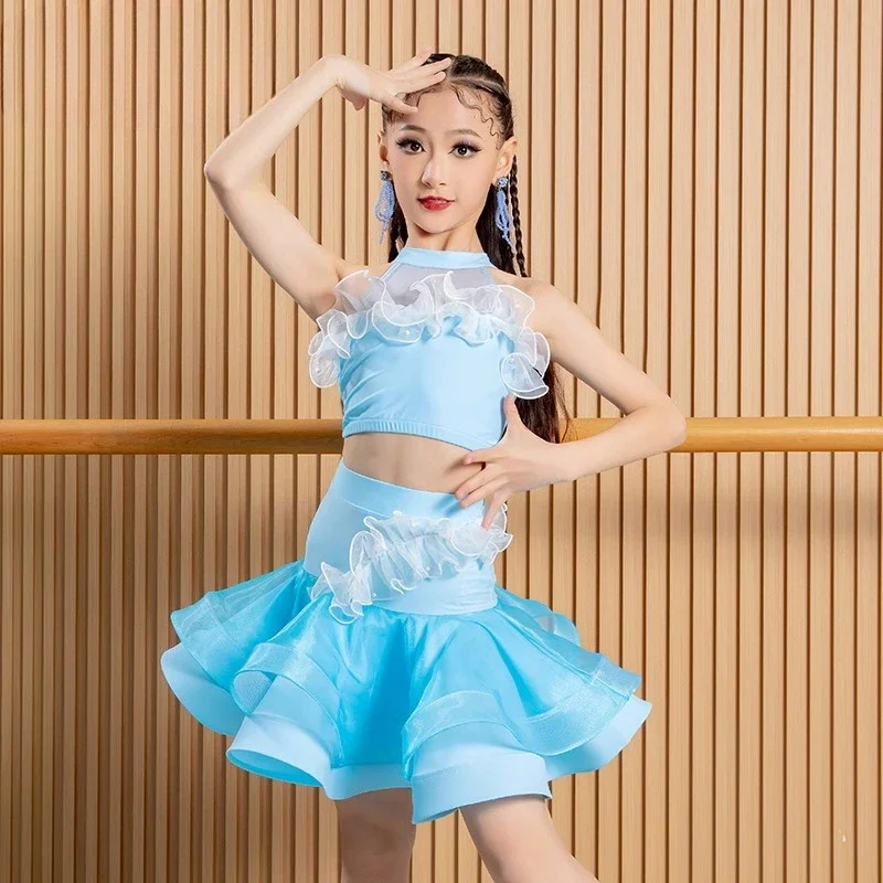2025 New blue and black Latin dance practice costumes for girls and children, professional and high-end new performance costumes - Image 3