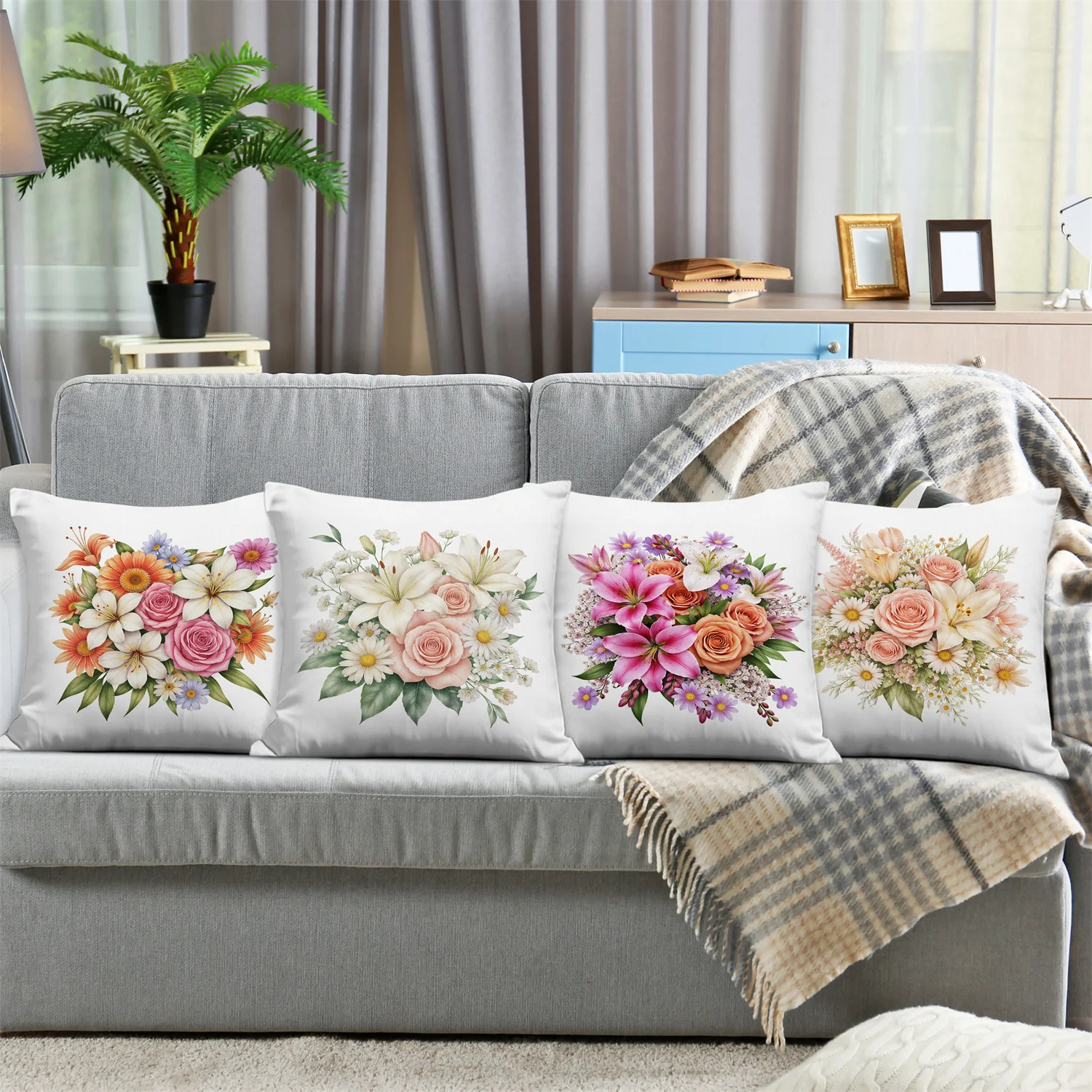 Watercolor Mixed Flower Bouquet Pillow Covers, Lily Rose Daisy Floral Decorative Throw Pillow Cases, Home Decor Cushion Covers