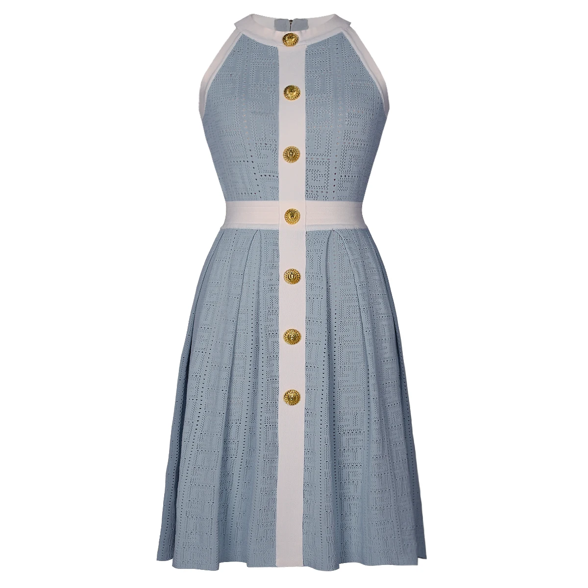 الربيع والصيف المرأة العصرية الجديدة محبوك عشرة آلاف شخصية نمط الإجتماعي زر جولة الرقبة فستان بلا أكمام