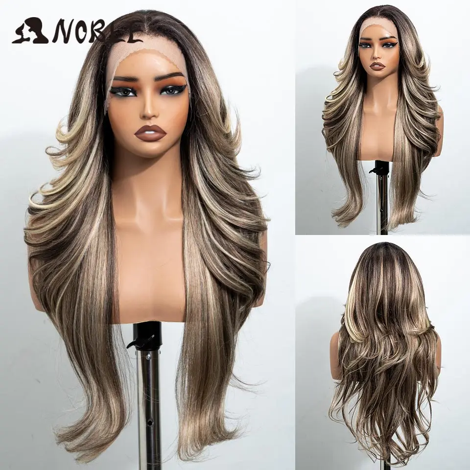 Noble 28 Inch Synthetic Lace Front Wigs For Black Women 13x4 Pre-plucked Layered Ombre Brown Blonde Highlight Daily Use Wigs